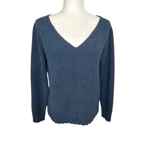 Peruvian Connection Marine Blue Cotton Textured V-Neck Long Sleeve Sweater